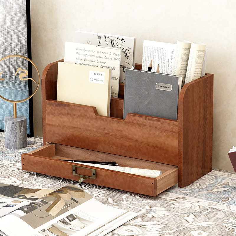 复古木质收纳盒学生桌上文具书本办公桌桌面文件夹手账置物架子