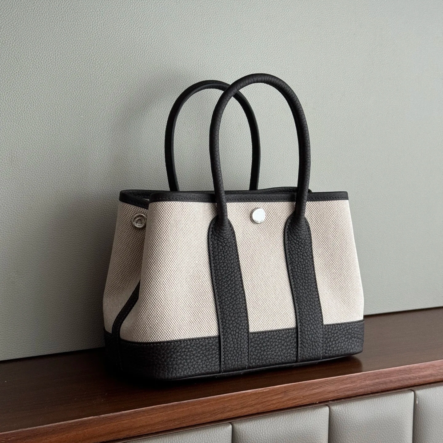 H家蜡线手缝进口牛皮花园包 Garden Party23 mini 帆布拼皮托特包