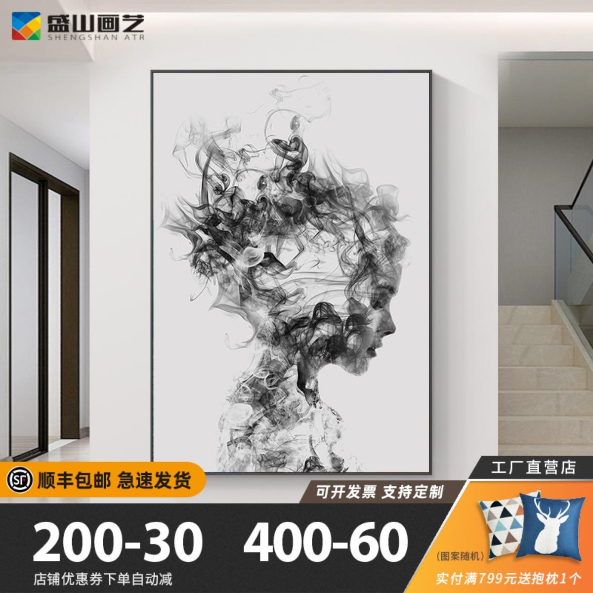 美发店装饰画理发店艺术挂画黑白灰抽象人物工业风客厅背景壁画图片