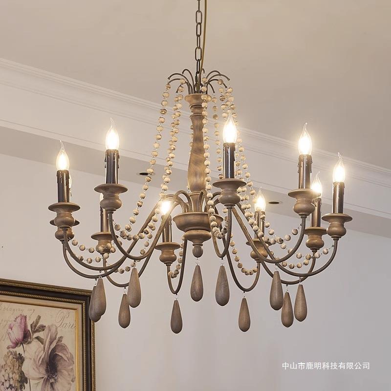 美式复古木艺蜡烛吊灯客厅餐厅灯玄关民宿法式中古客厅风卧室灯具
