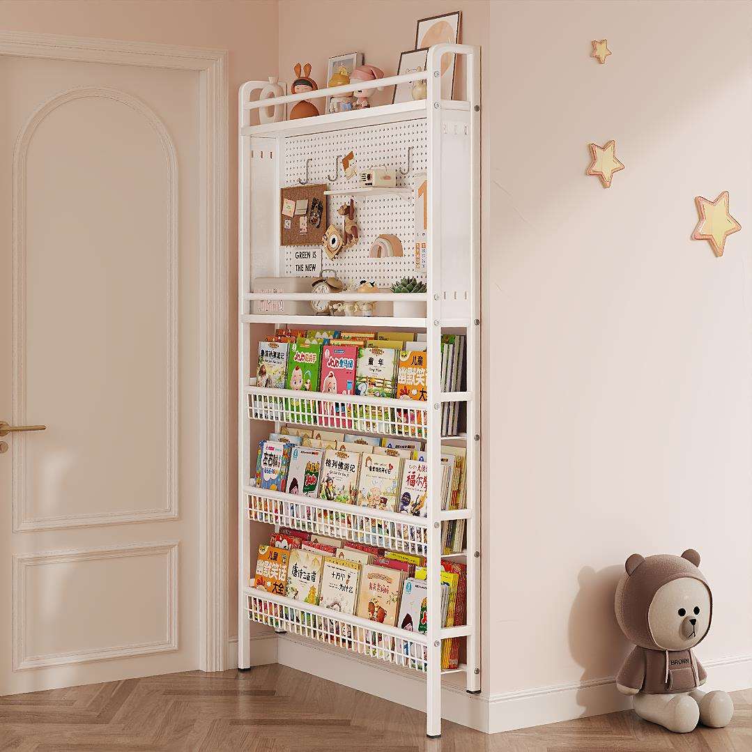 洞洞板置物架门后儿童书架一体靠墙绘本架墙上落地极窄铁艺柜