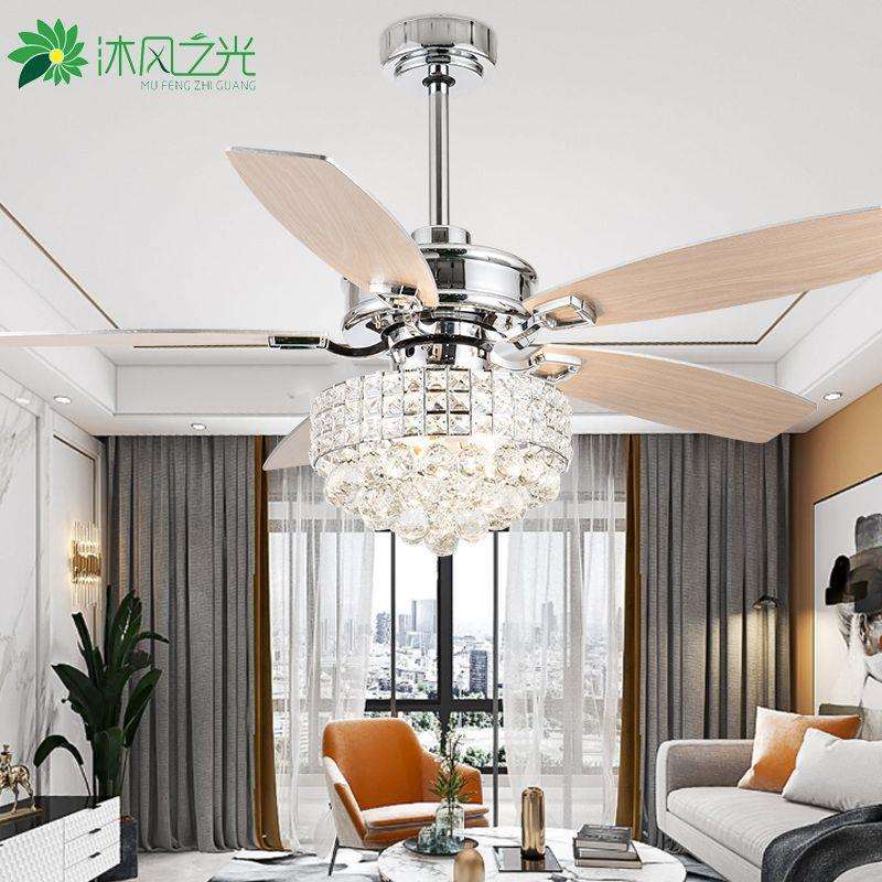 52寸水晶风扇灯 现代简约家居客厅led风扇灯 卧室带木叶风扇吊灯