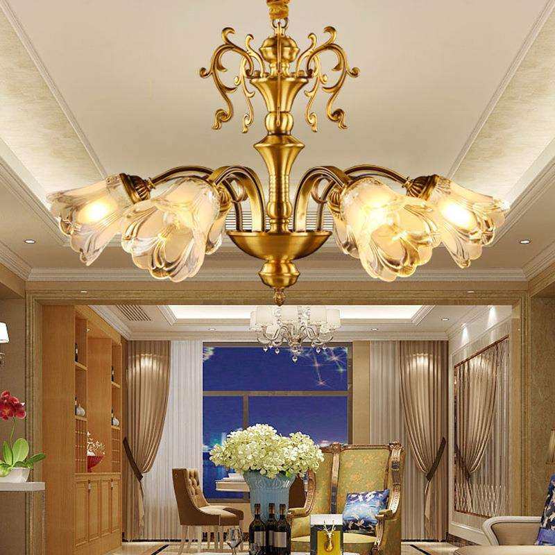 美式全铜吊灯全铜花枝灯具餐厅书房间铜灯6头玻璃吊灯罩9307