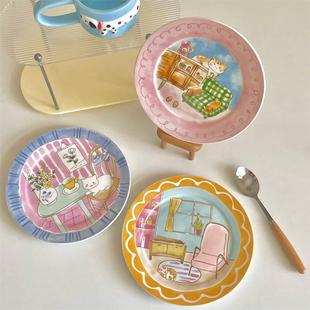 可爱韩系绘本风高颜值家用餐具甜品盘早餐盘陶瓷平盘 我也有猫了