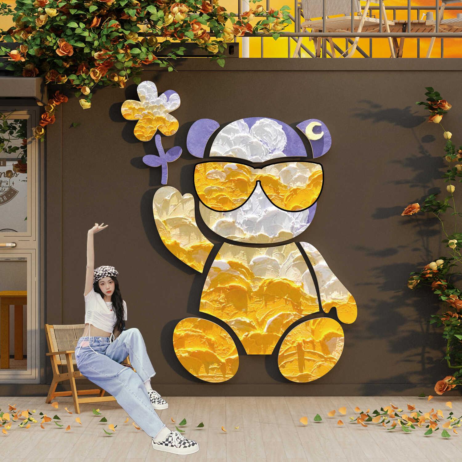 网红打卡花墙面装饰户外门口吸引人咖啡店布置公仔造景开 业氛围