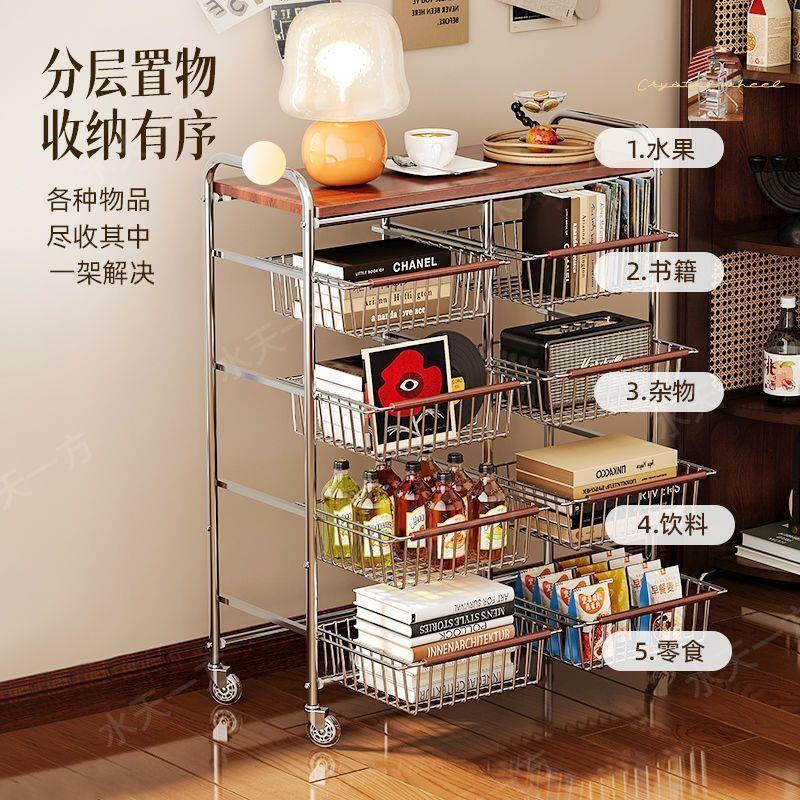 厨房调料架客厅移动带轮零食置物架中古小推车落地货架家用收纳层