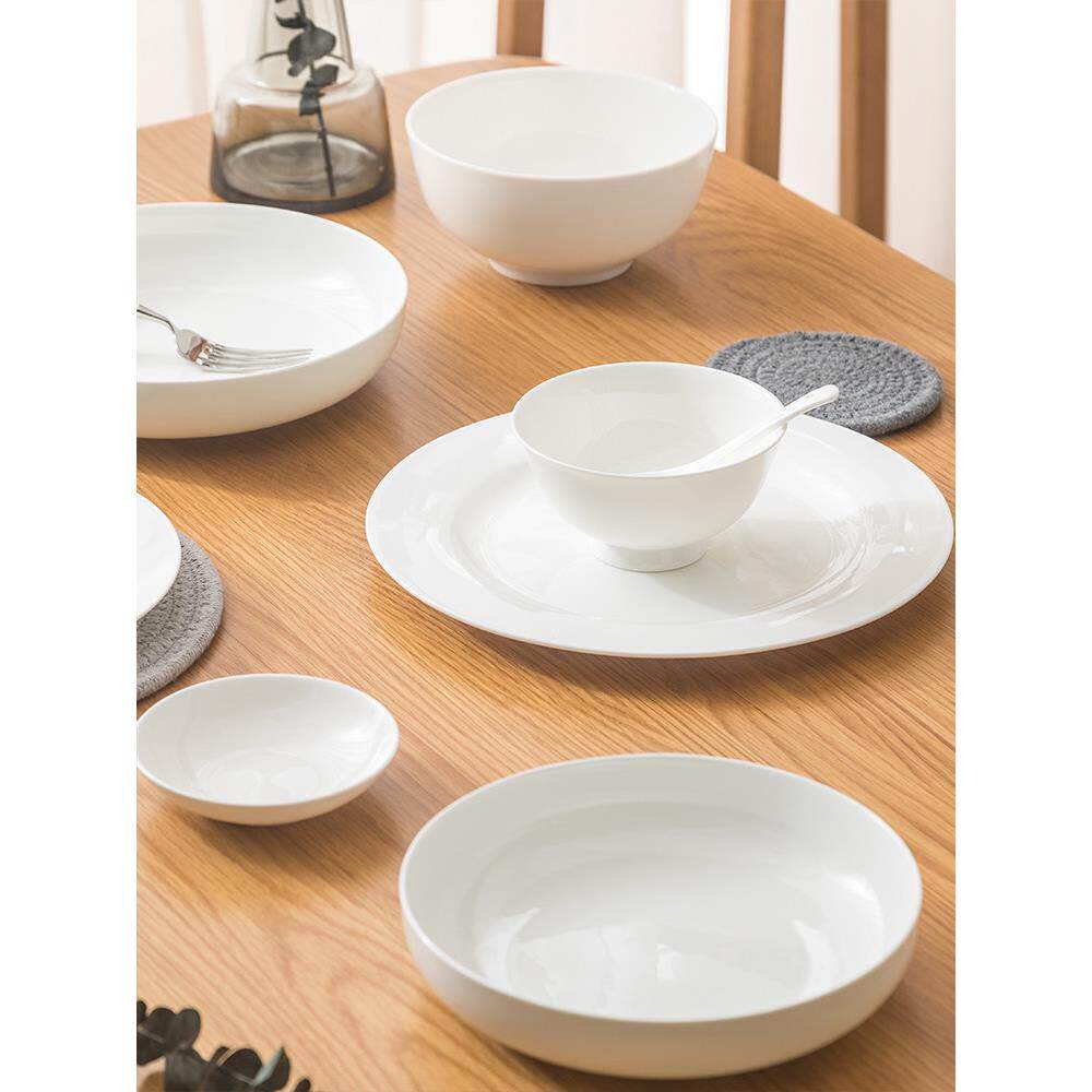 纯白骨瓷餐具碗碟套装家用白色4/6/8人白瓷碗盘整套餐具套餐组合