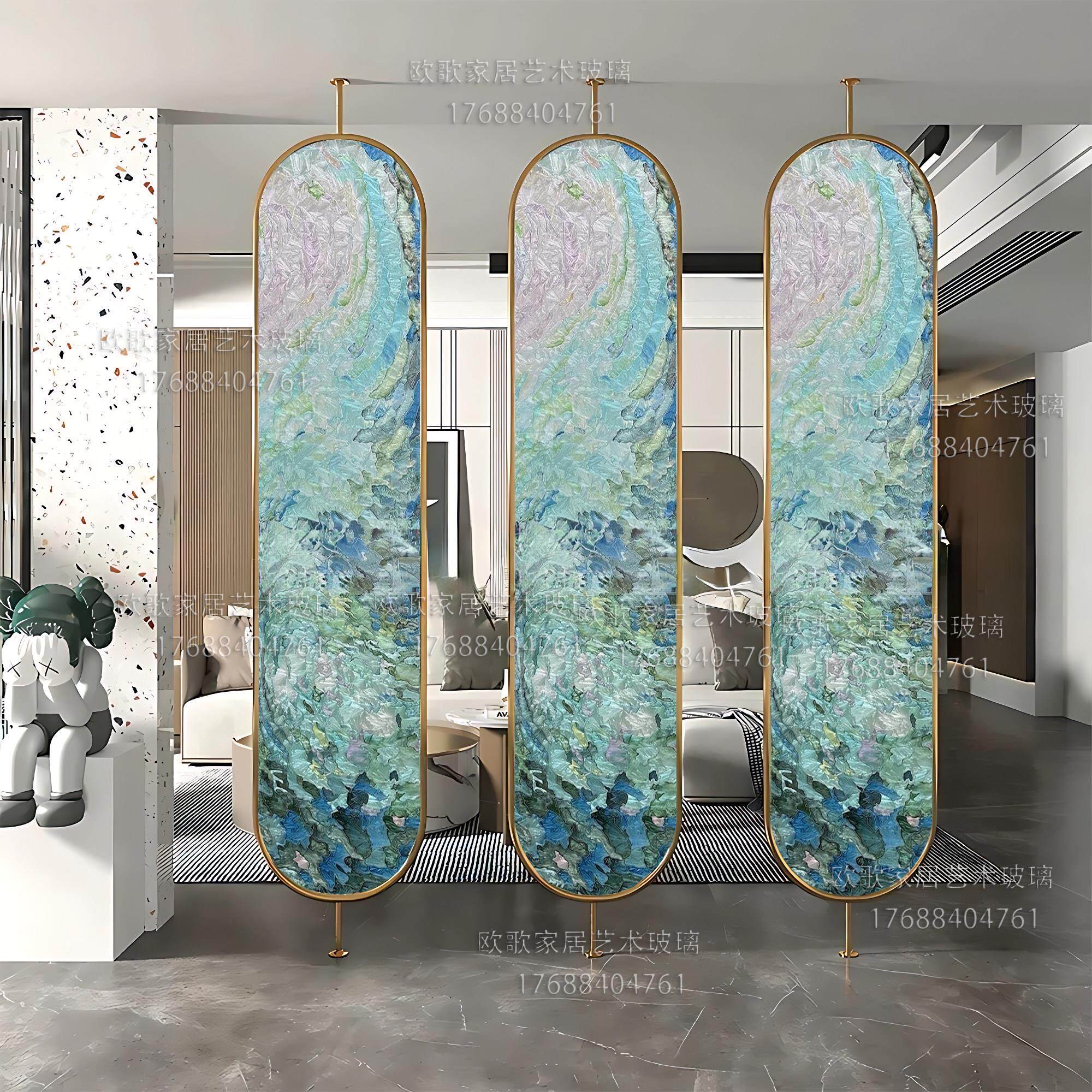 手绘珐瑯彩艺术玻璃隔断入户正对门玄关顶天立地客厅卧室遮挡屏风