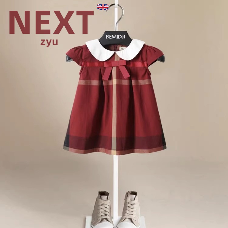 StAousiton官方正品女童格子连衣裙小童公主裙夏娃娃领蝴蝶结裙