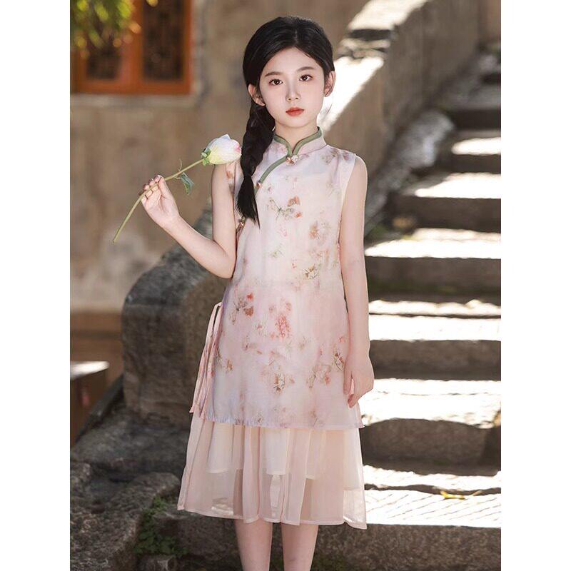 旗袍女大童2025夏儿童节汉服粉色新中式国风古筝演出服连衣裙N\L