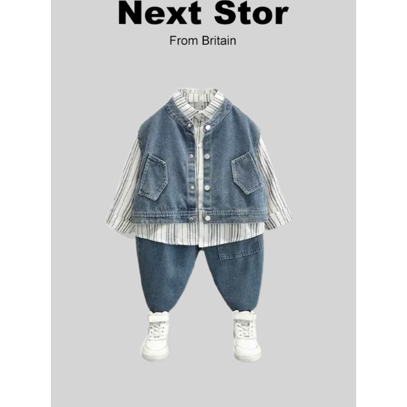英国netx Stor 男童春秋新款套装男宝宝洋气马甲衬衫牛仔裤三件套