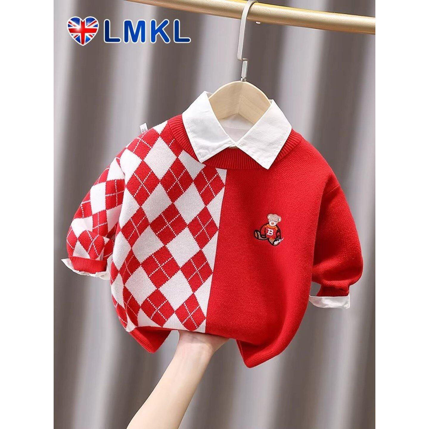 英国LMKL儿童红色毛衣2026新款冬季男童打底衫内搭上衣加厚针织衫