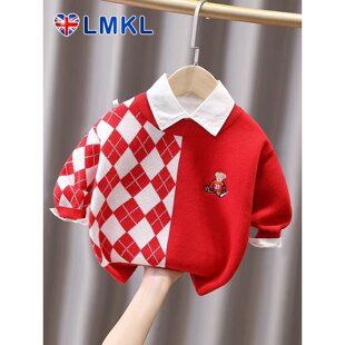 英国LMKL儿童红色毛衣2026新款冬季男童打底衫内搭上衣加厚针织衫