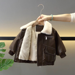 英国DHWA男童冬季加绒皮衣儿童韩版酷帅冬装衣服宝宝加厚PU皮外套