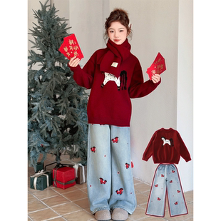 英国MDCW女童过年新年服毛衣冬装新款2026马年本命年儿童红色上衣