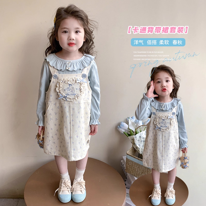 英国NextRoad秋季甜美网红女童碎花长袖背带裙子衬衫套装小女孩秋