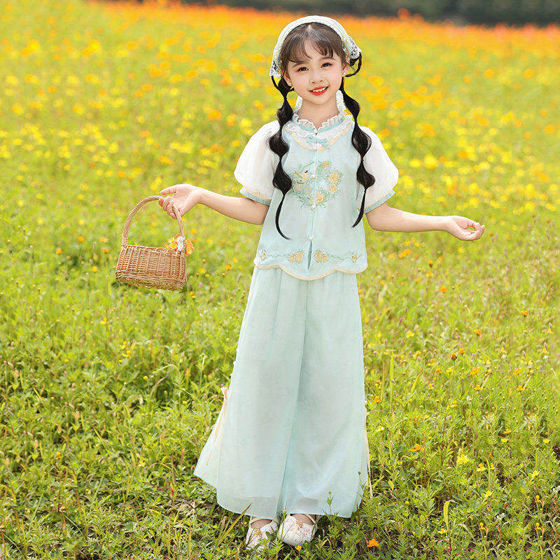 女童2026夏季新款古风改良唐装裙裤套装女童新中式薄款中国风汉服