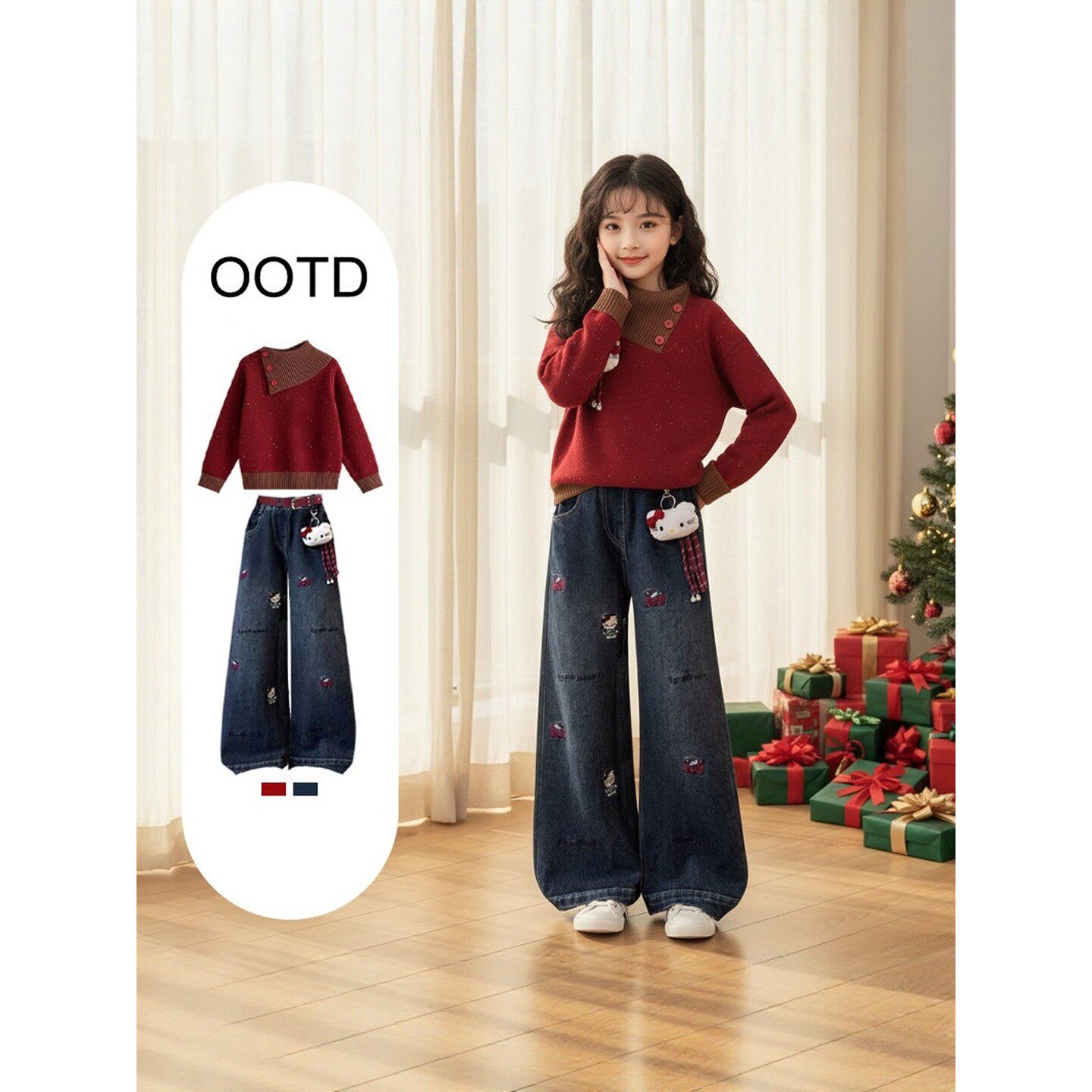 法国BADNUT女童套装秋冬2026新款儿童红色毛衣中大童过年战袍裤子