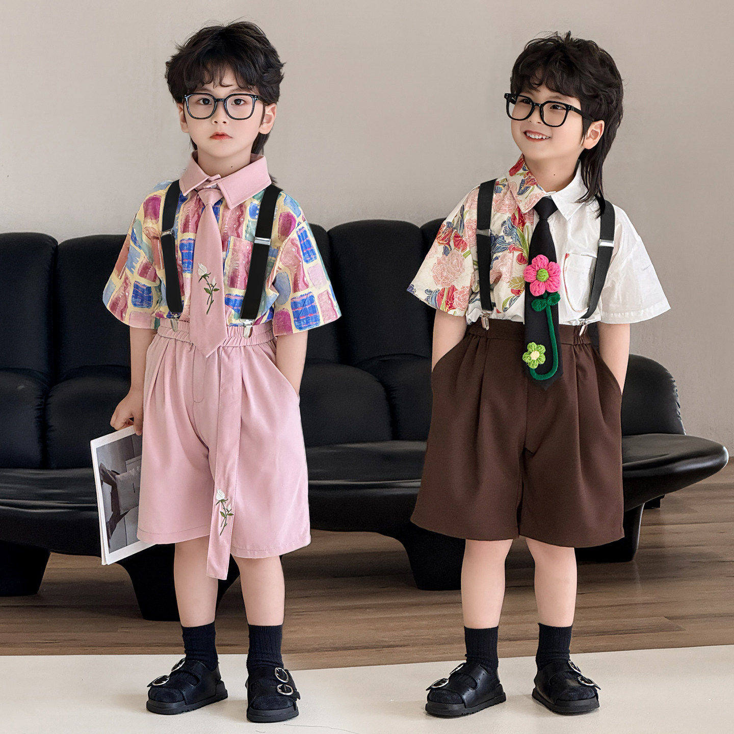 法国Uamtor男童礼服夏季帅气演出服2026新款高级花衬衫背带裤套装