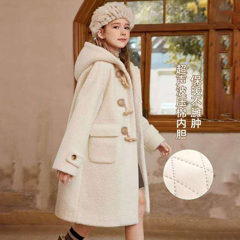 法国BADNUT女童毛呢大衣外套秋冬2026新款牛角扣儿童加厚夹棉呢子