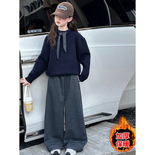 法国BADNUT女童冬毛衣套装2026新款儿童韩系穿搭加绒格子裤两件套