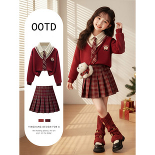 法国BADNUT女童春秋红色毛衣连衣裙2026新款儿童学院风百褶裙套装