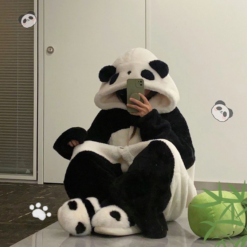 连帽熊猫睡衣女款秋冬季