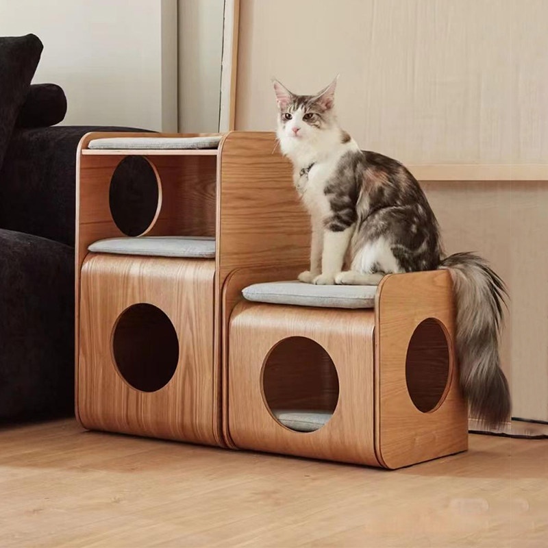 人猫床头柜猫窝四季通用猫窝茶几边几人猫共用实木猫窝家具猫别墅