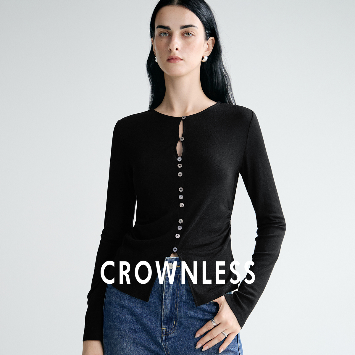 小纽扣复古深咖色不规则捏褶羊毛