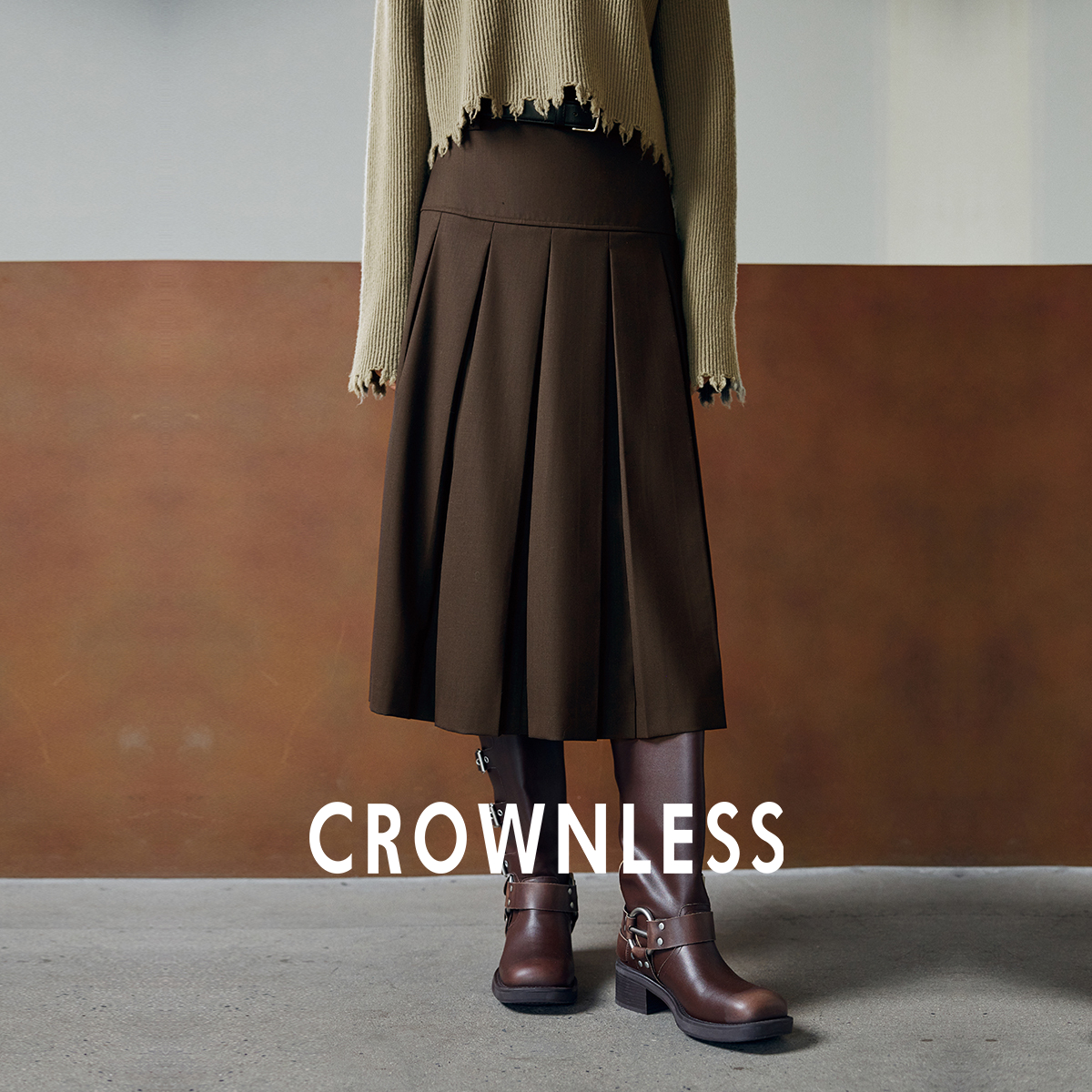 羊毛复古显瘦百褶中长半身裙