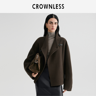 CROWNLESS未冕冬羊绒羊毛双面呢老钱廓形皮袢斗篷短大衣