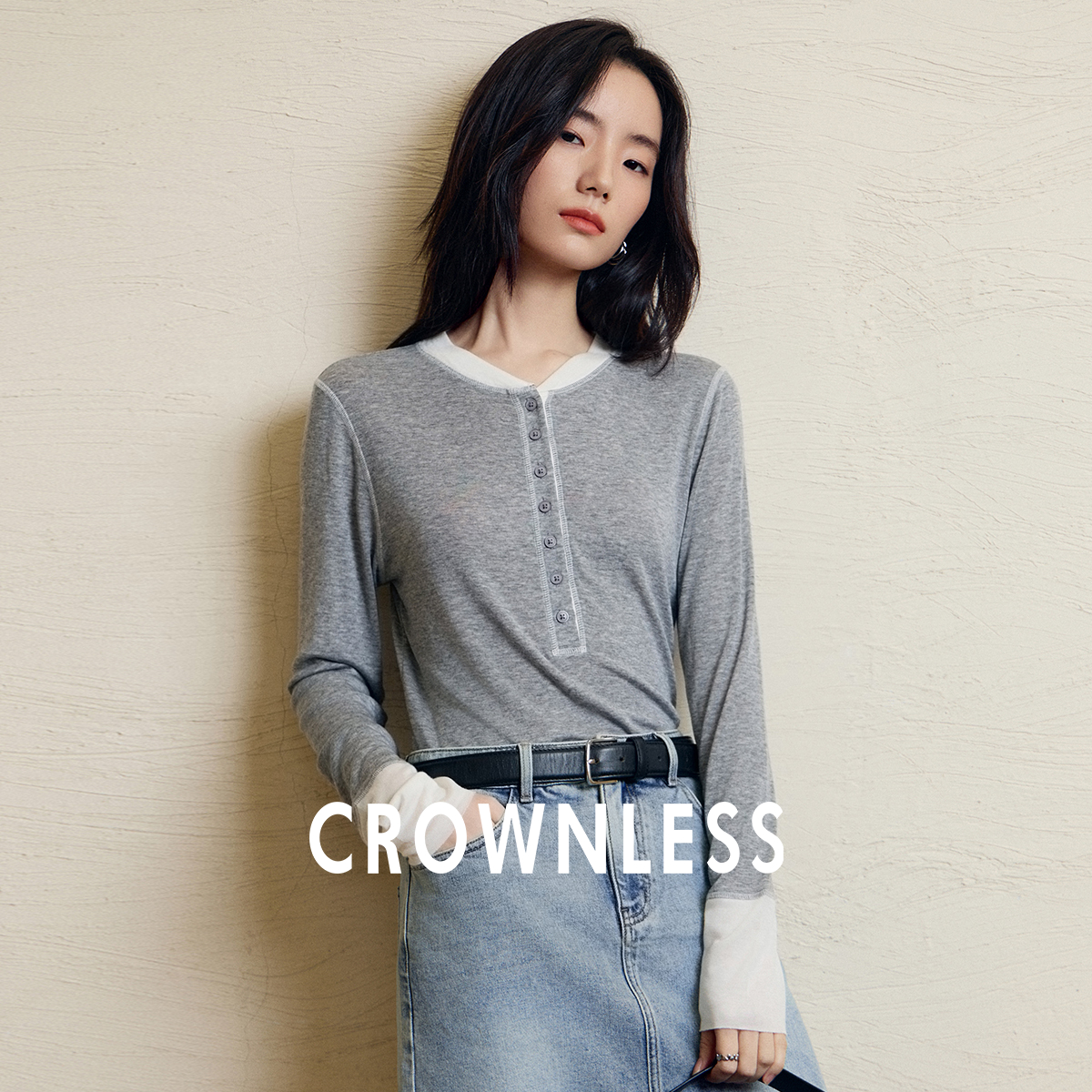 羊绒衫女亨利领拼色边针织上衣