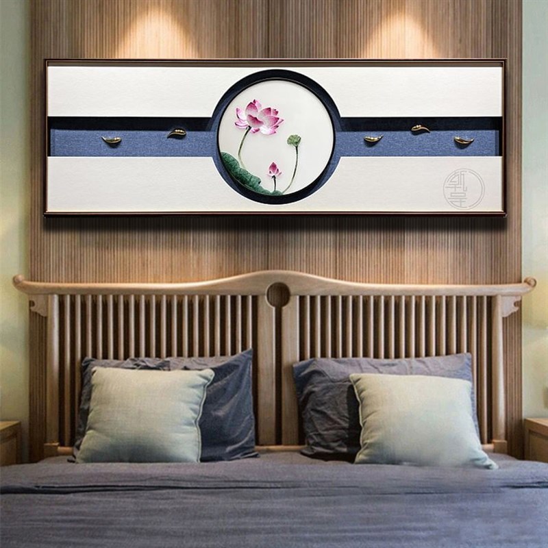 中式苏绣装饰画复古沙发背景z玻璃实木客厅卧室主卧床头刺绣挂画图片