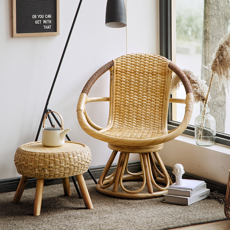 印尼真藤藤编椅子旋转人靠背椅编织藤条椅子卧室阳台休闲转转椅