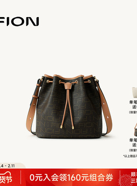 Fion/菲安妮女包2025新款老花水桶包单肩斜挎包复古时尚女式包包