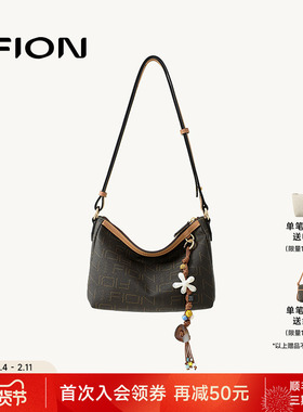 Fion/菲安妮女包2025新款老花通勤单肩斜挎包复古时尚女式hobo包