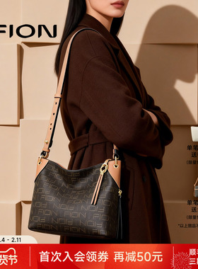 Fion/菲安妮老花托特包2025新款大容量女包包通勤复古单肩斜挎包
