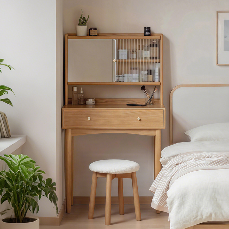 实木梳妆台小型现代卧室简约小户型化妆桌书桌一体2025新款化妆镜