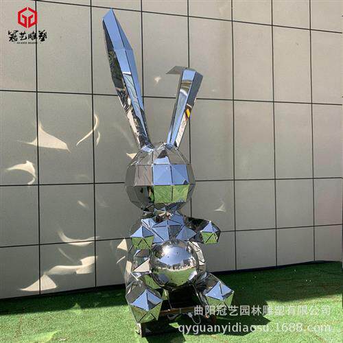 大型不锈钢几何块面兔子雕塑制作镜面发光动物金属园林广场摆件