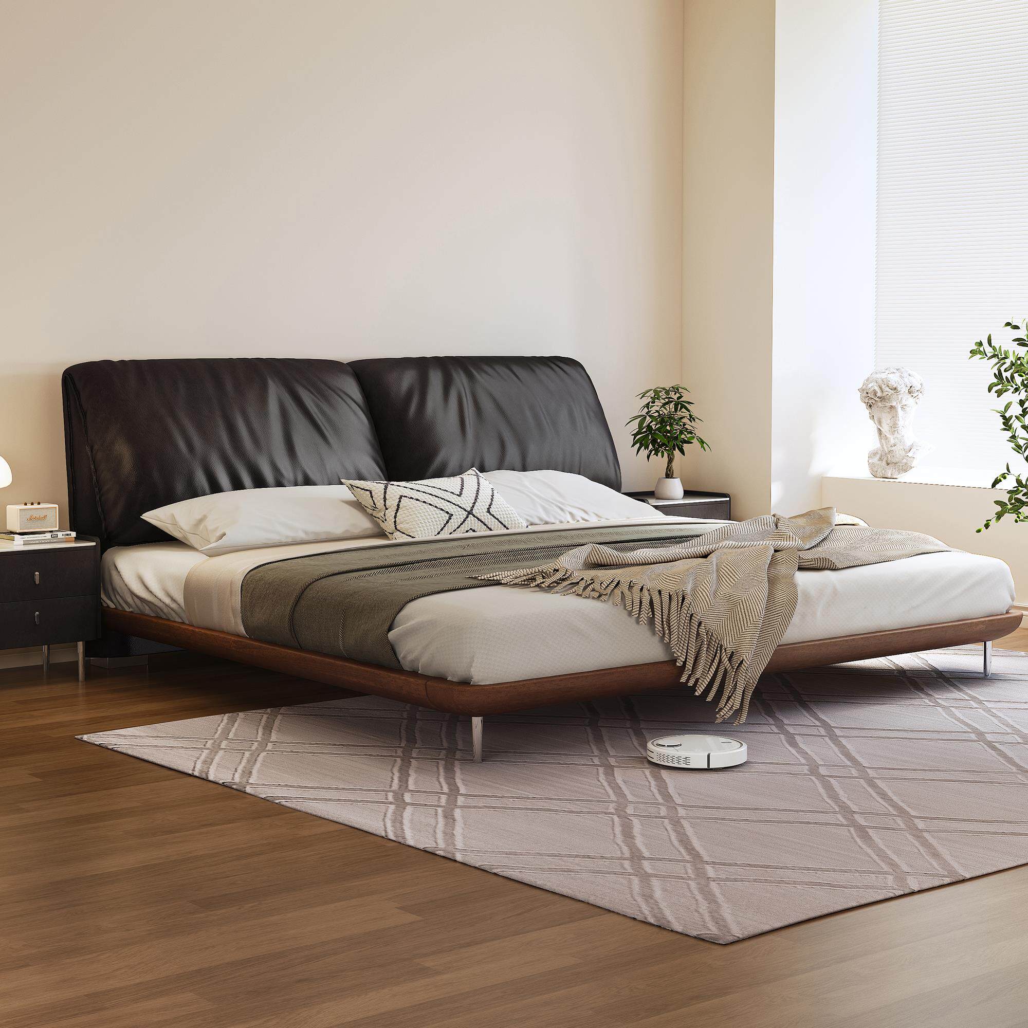 华意空间中古风大象耳朵真皮床意式极简主卧1米8双人床复古实木软