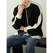 双拉链立领拼色休闲外套男士 2025秋冬老钱风运动重磅宽松夹克开衫