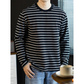 210G重磅丝光棉T恤男春秋2026新款 宽松海魂衫 条纹针织长袖 打底衫