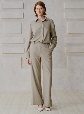 【设计师联名款】VER TOW灰绿色羊绒蚕丝两件套 春秋衬衫西裤套装