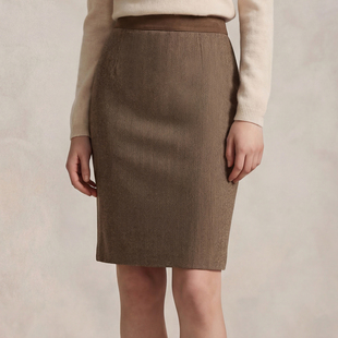 及膝羊毛半身裙设计感通勤优雅女装 VER TOW深棕色羊皮拼接一步裙