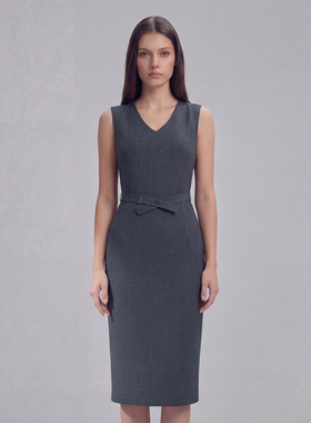 VER TOW 修身系带通勤连衣裙 26春新款灰色羊毛无袖V领开叉西装裙