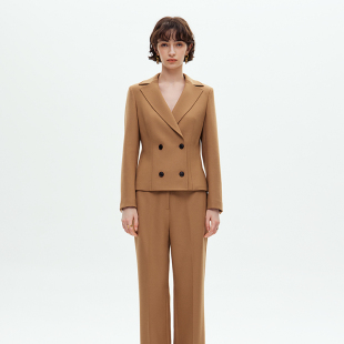 女士职业套装 TOW卡其色双排扣西装 VER 羊毛西服九分裤 早春5折