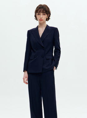 张婧仪同款 VER TOW藏青色双排扣西装套装西服外套直筒裤修身设计