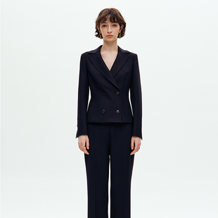 女士职业套装 TOW藏青色双排扣西装 VER 羊毛西服九分裤 圣诞5折