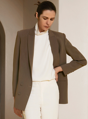 【断码清仓】VERTOW春季栗棕色醋酸修身双排扣西装女薄款小西服