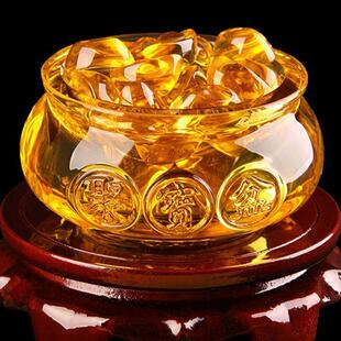 黄水晶聚宝盆摆件底座淄博琉璃元宝玄关客厅桌面饰品办公居家开业